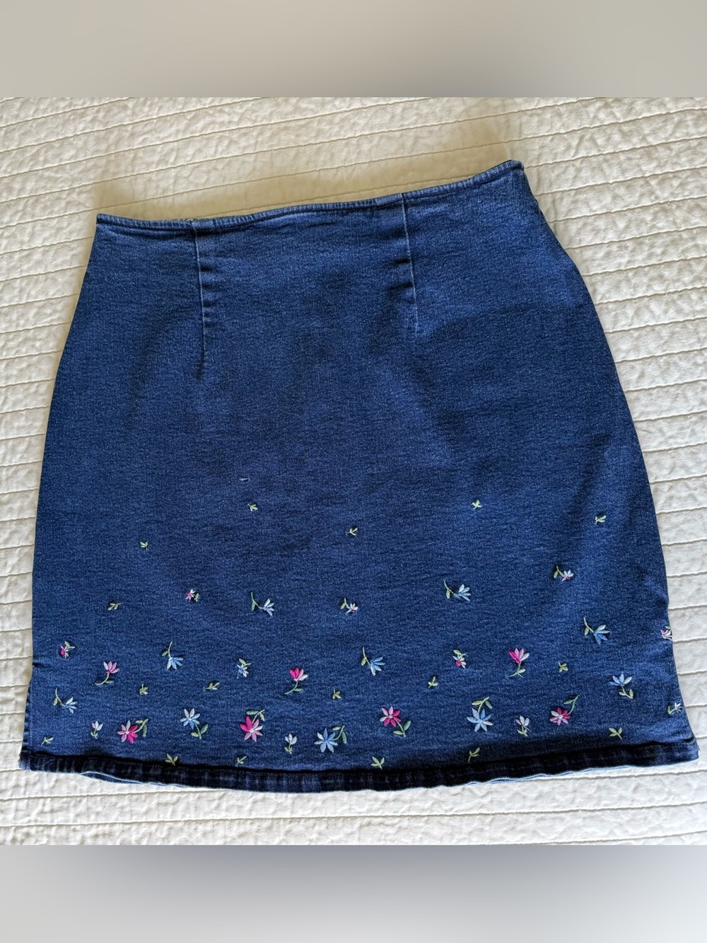 Route 66 Denim Mini Skirt with Pink & Light Blue Floral Embroidery